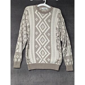 Vintage Jantzen L Tan Gray Geometric Grandpa Sweater 90s Crew Neck